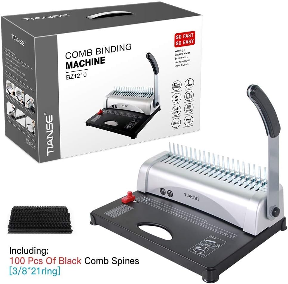 TIANSE Binding Machine, 21-Holes, 450 Sheets, Comb Binding Machines with Starter Kit 100 PCS 3/8'' Comb Binding Spines, Comb Binder Machine Book Maker Perfect for Letter Size, A4, A5 or Smaller Sizes - Image 4